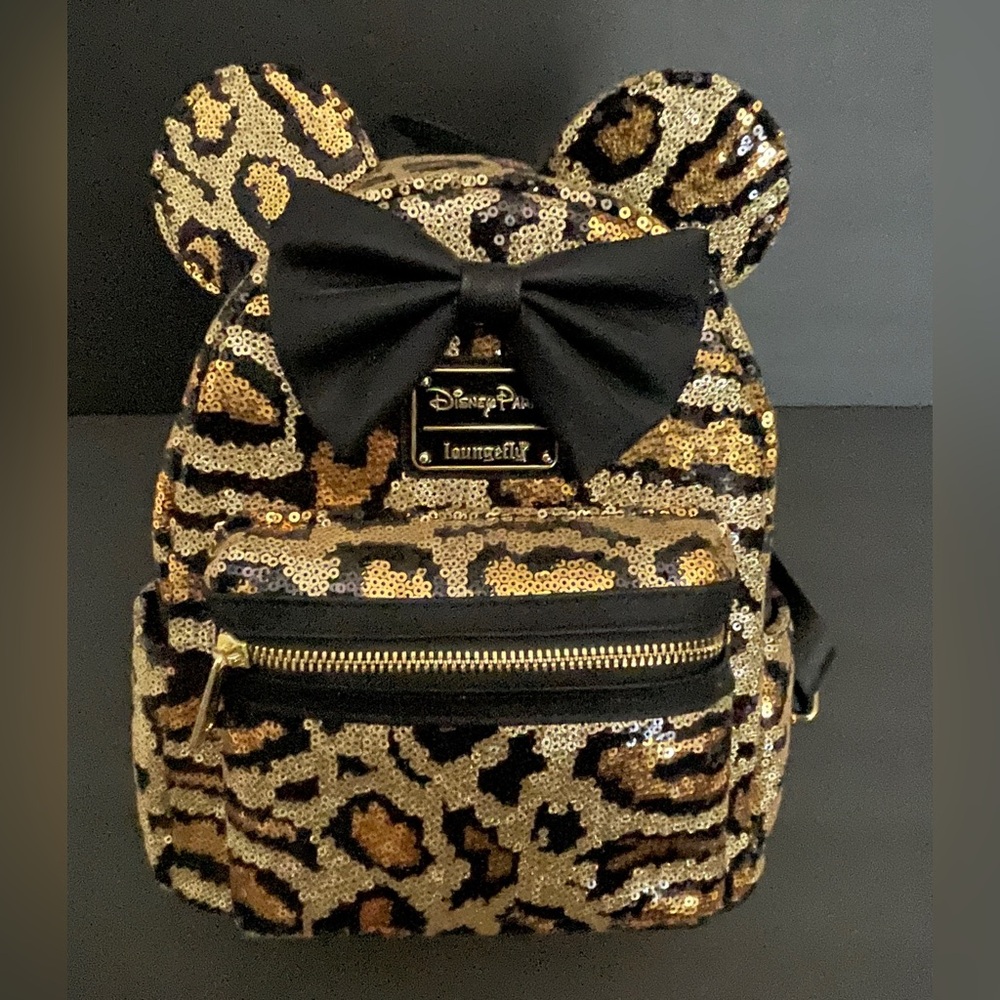 Loungefly Gold and Black Sequin Leopard Mini Backpack with Bow